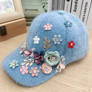 Donna inverno peluche floreale berretto da baseball addensato caldo strass visiera dolce.