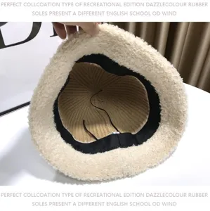 Plush winter bucket hat for women, thickened warm cozy plush fisherman hat in beige cream color.