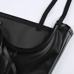 Black PU leather top close-up detail, stylish camisole strap bra support with lace-up design.