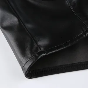 Black PU leather bustier corset top detail, gothic dark style chic fashion apparel.