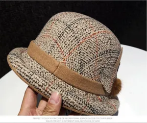 Women plaid bucket hat autumn winter vintage retro bowler hat with cute fur ball