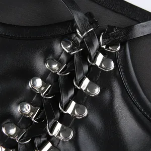 Black PU leather lace-up bustier corset top detail, gothic harness body accessory.
