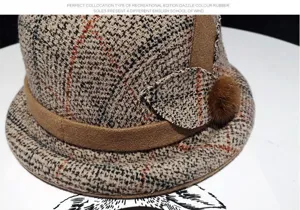 Vintage plaid cloche hat for women autumn winter wool felt bucket hat with fur ball deco.