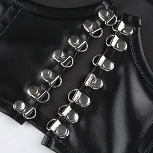 Dark style PU leather top detail shot featuring metal clips and straps, perfect accessory.
