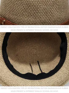 Woven fedora hat with brown leather belt and inner band stylish women hat detail view