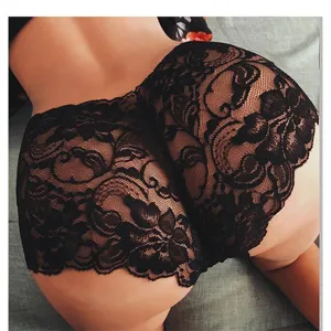 Women Sexy Lace Thong High Waist Breathable Hollow Out Panties Solid Color Soft Comfortable Underwear Plus Size