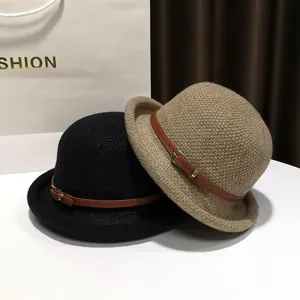 Elegant Wool Blend Bucket Hat With Belt Buckle Decor Solid Color French Style Fedora Vintage Dome Winter Sun Hat For Women