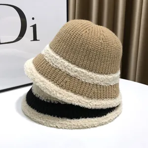 Women Knitted Bucket Hat Fleece Lined Thick Warm Sun Hat Autumn Winter Solid Color Streetwear Fisherman Hat Outdoor Accessory