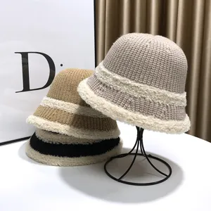 Autumn winter knitted plush bucket hat, warm thick plush brim basin hat for women style.