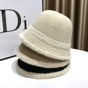 Autumn winter fleece thickened knitted bucket hat women plush brim basin hat warm sun cap
