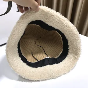 Plush bucket hat for women winter warm thick fisherman hat fuzzy soft casual outdoor sun hat