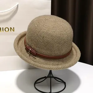 Elegant women woven dome hat with stylish brown leather belt strap, ideal for retro daily wear.