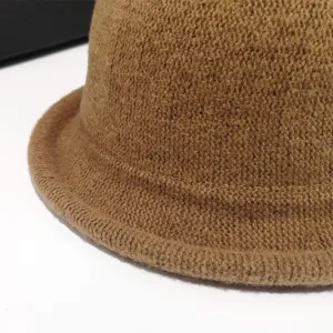 Stylish camel wool knit bucket hat for women autumn winter retro British style warm hat