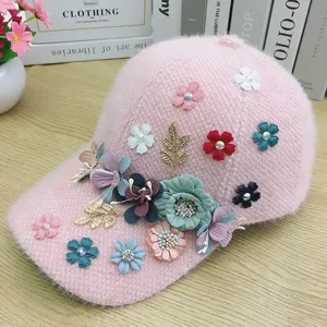 Donna rosa peluche berretto da baseball inverno caldo addensare strass fiore cappello casual