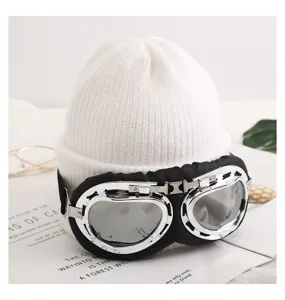 Gorro de punto calido invierno mujer con gafas aviador lana gruesa sombrero esqui moda