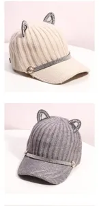 Vue détaillée casquette baseball tricot strass oreilles chat femme bonnet hiver chaud