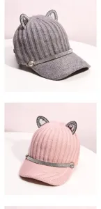Casquette de baseball en tricot strass oreilles chat femme automne hiver chaud detail