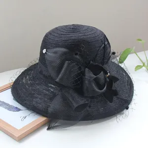 Detailed view of black vintage mesh sun hat with bow and floral design, elegant style.