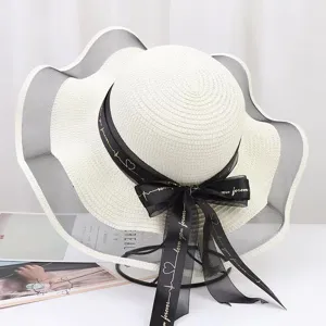 Women Wide Brim Straw Hat Beach Sun Hat Elegant Ribbon Bowknot Mesh Splicing Sunscreen Breathable Summer Travel Straw Hat For Women