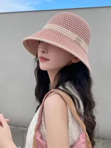 Women hollow knit bucket hat breathable wide brim sun protection casual beach summer hat