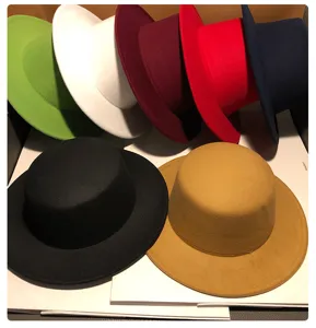 Flat top wool felt hat women autumn winter retro British fashion style detail view.
