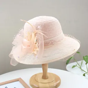 Detail view of women retro mesh flower lace sun hat, elegant design for summer wear.