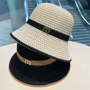 Women Large Brim Straw Bucket Hat Sun Protection Hollow Breathable Linen Woven Beach Sun Hat with Rhinestone Letter M Logo