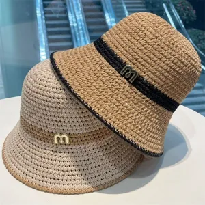 Women's woven straw bucket hat hollow breathable sun protection summer beach hat with M logo