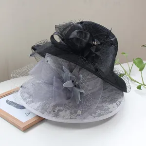 Women vintage mesh flower fascinator hat elegant British lace dome bucket hat summer sun beach
