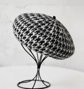 Béret Vintage Pied-de-poule pour Femme Automne Hiver en Mélange de Laine d'Alpaga Chapeau de Peintre Style Britannique Décontracté Tricoté