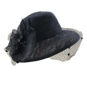 Elegant black vintage mesh flower fascinator hat for women summer sun protection tea party