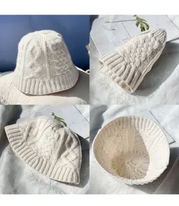 Vista detallada sombrero pescador punto trenzas crudo mujer, gorro lana invierno cálido.