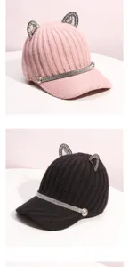 Casquette de baseball tricotée d'hiver pour femme avec oreilles de chat en strass, bonnet chaud.