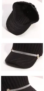 Casquette de baseball en tricot noir pour femme, strass, chapeau d'hiver chaud et mode.