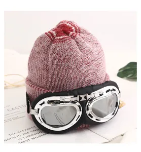 Gorro de punto de invierno para mujer con gafas de piloto retro gorro de lana cálido