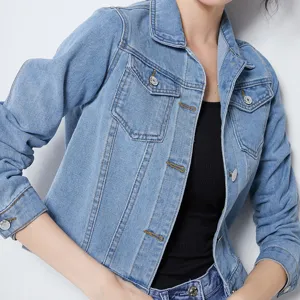 Women Long Sleeve Denim Jacket Lapel Single Breasted Cropped Coat Candy Colors Streetwear Top Pocket Decor Fashion Outerwear