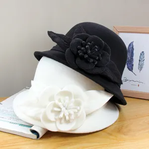 Vintage wool felt cloche hat for women with elegant camellia flower decor autumn winter warm