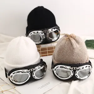 Gorro de Invierno para Mujer con Gafas de Aviador Gorro de Punto Cálido Mezcla de Pelo de Conejo Gorra de Esquí Gruesa Vintage Cortavientos
