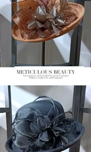 Detailed view of women vintage wool cloche hat featuring elegant feather and mesh decor.