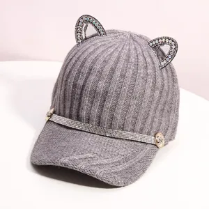 Bonnet Tricot Oreilles Chat Strass Hiver Femme Mode Chaud Casquette De Baseball Style