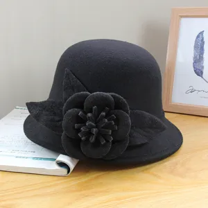 Vintage black wool felt cloche hat for women, elegant floral accent, winter warm bowler hat.