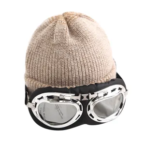 Gorro de invierno para mujer de punto cálido con gafas de piloto, gorro de lana para esquí.