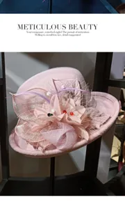 Women vintage wool felt bucket hat elegant pink bowler hat with mesh veil and floral decor