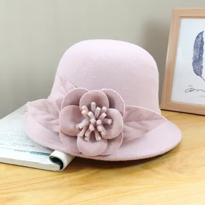 Pink wool felt bucket hat retro dome bowler hat for women autumn winter flower decoration.