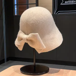 Women Wool Warm Bucket Hat Large Bowknot Autumn Winter Ponytail Friendly Cloche Hat Casual Soft Knitted Fashionable Hat