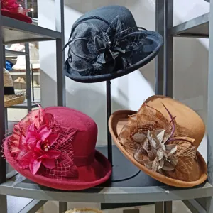 Women wool felt bucket hat retro British fashion flower mesh fedora autumn winter hat