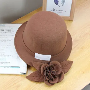 Women retro wool felt dome bowler hat with elegant flower detail autumn winter fashion