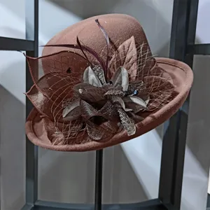 Women elegant brown wool felt fedora hat retro British style winter hat with mesh flower decor.