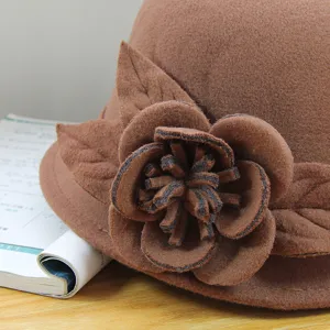 Women vintage wool felt dome bowler hat with elegant flower detail for autumn and winter.