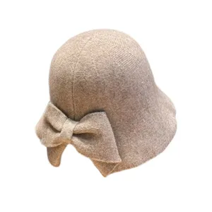 Women's knitted bow fisherman hat, autumn winter warm wool basin hat with ponytail split.